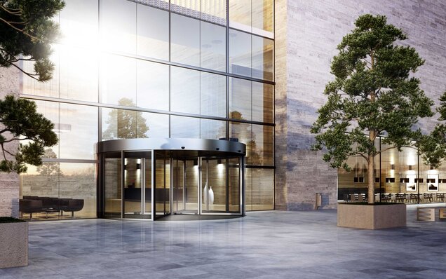 GU Automatic'in modern ofis binaları ve kamu kurumları için otomatik döner kapısı – şık, güvenli ve enerji verimli bir giriş sistemi.