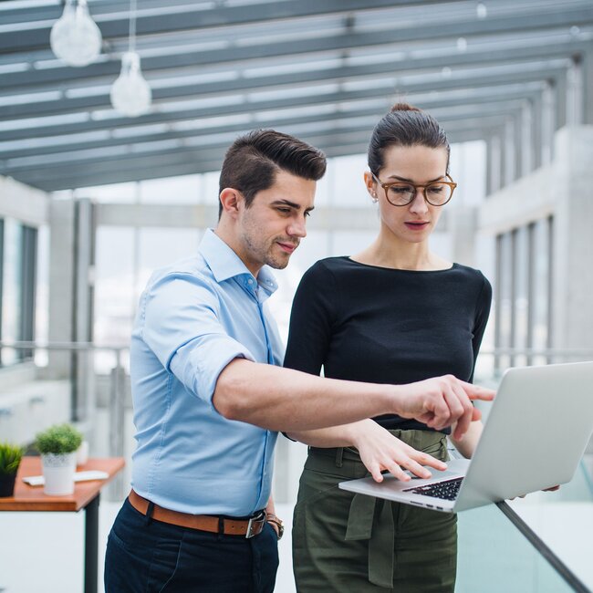 BKS Objektberater im Gespräch am Laptop im modernen Büro