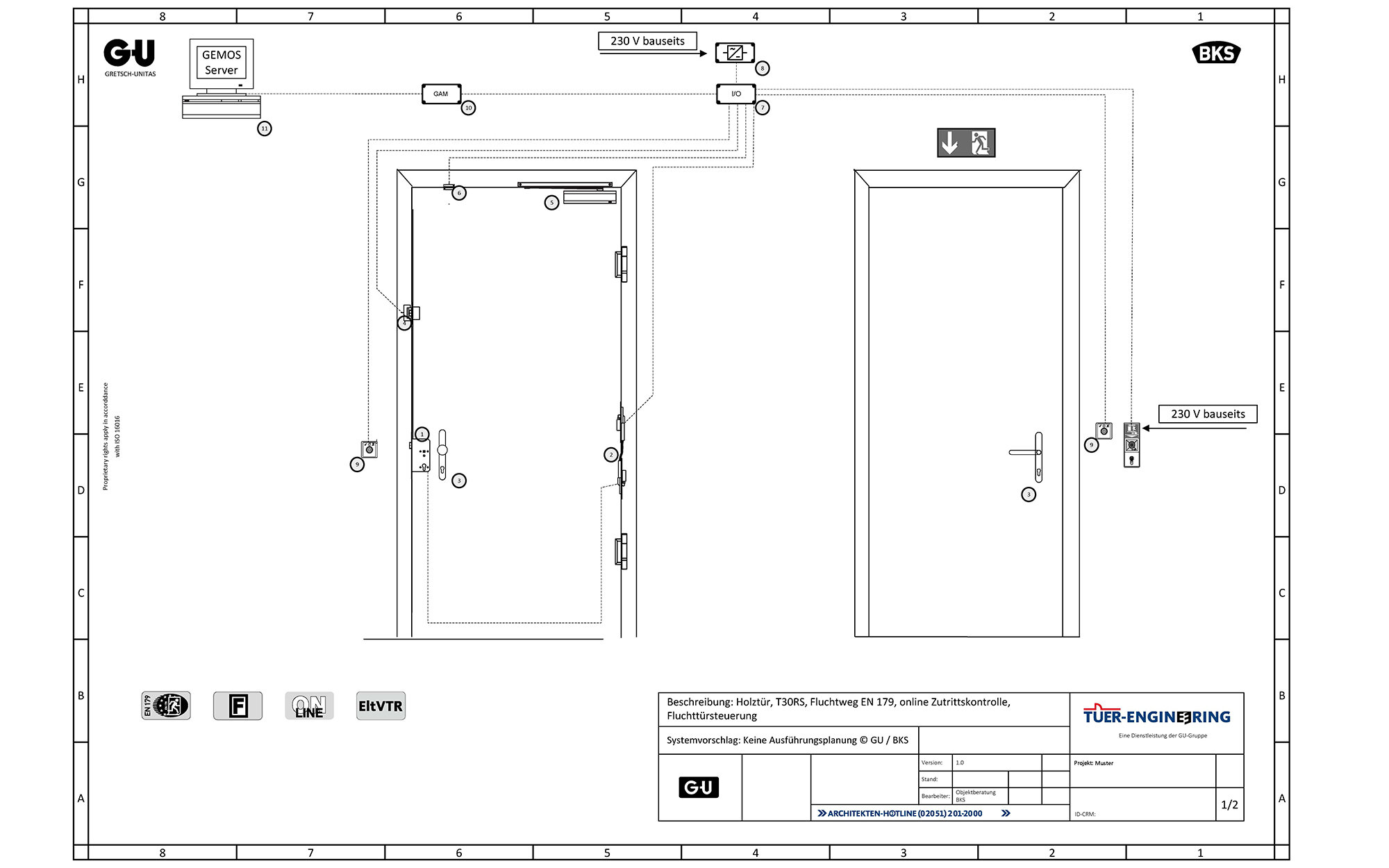 Technical drawing wooden door T30RS escape route with access control centre