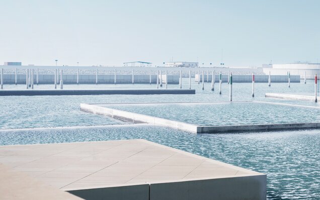 Modern water basin area and bollards