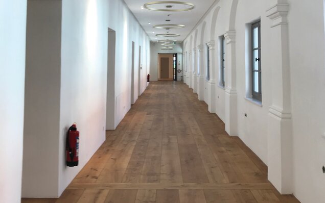 Bright corridor with wooden floor and windows