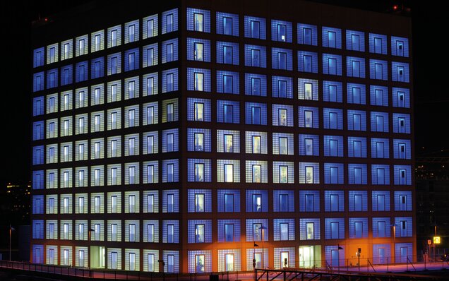Illuminated office building at night