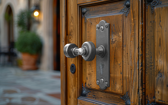 Antique metal door knob on wooden door in historic architecture