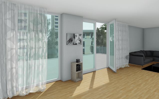 Ahşap zeminli modern bir oturma odasında açık balkon kapısı