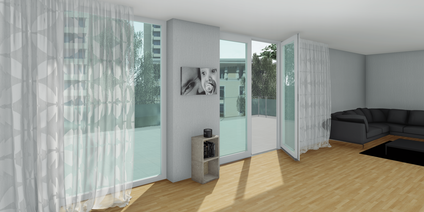 Ahşap zeminli modern bir oturma odasında açık balkon kapısı