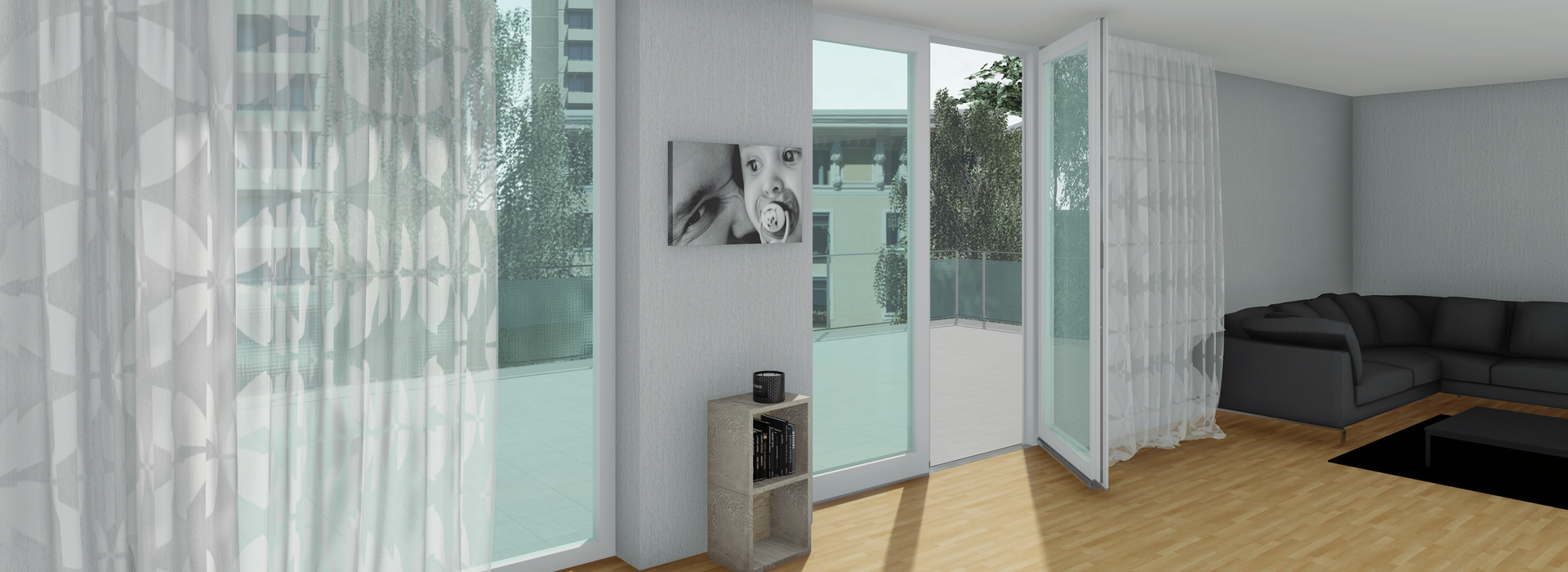 Ahşap zeminli modern bir oturma odasında açık balkon kapısı