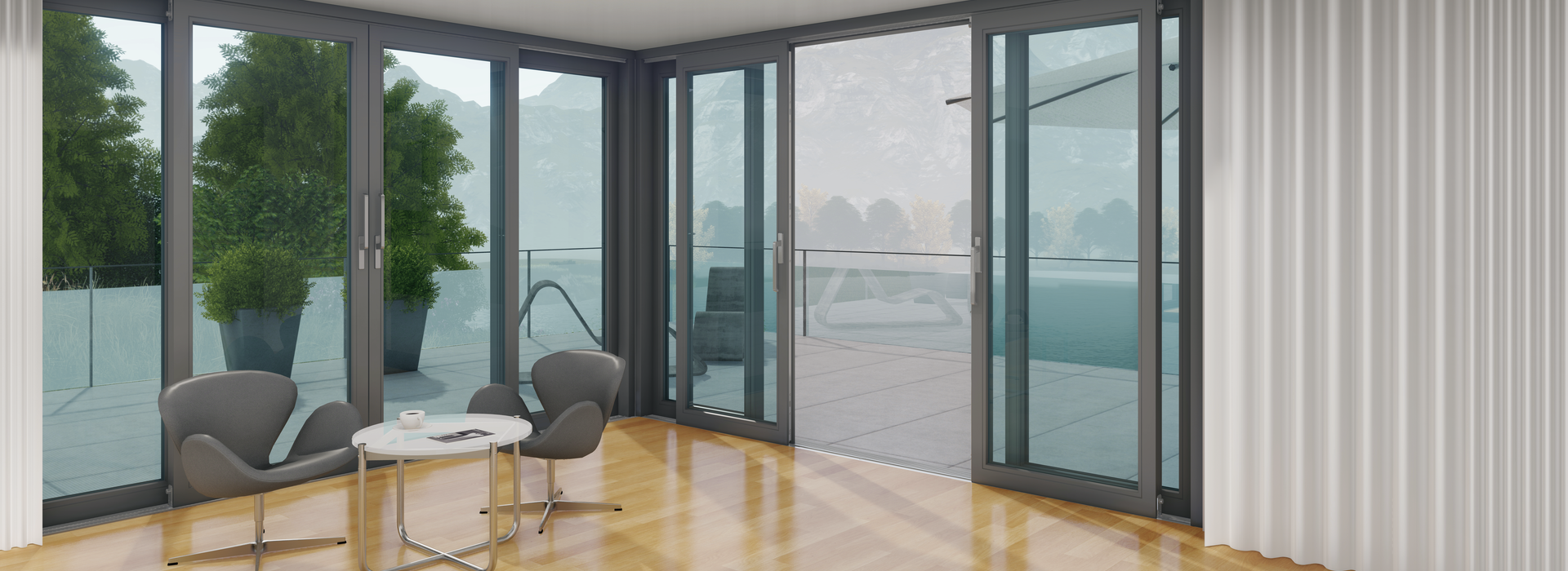 Geniş alanlı kaldırmalı sürme elemanlara ve panoramik manzaraya sahip modern yaşam alanı