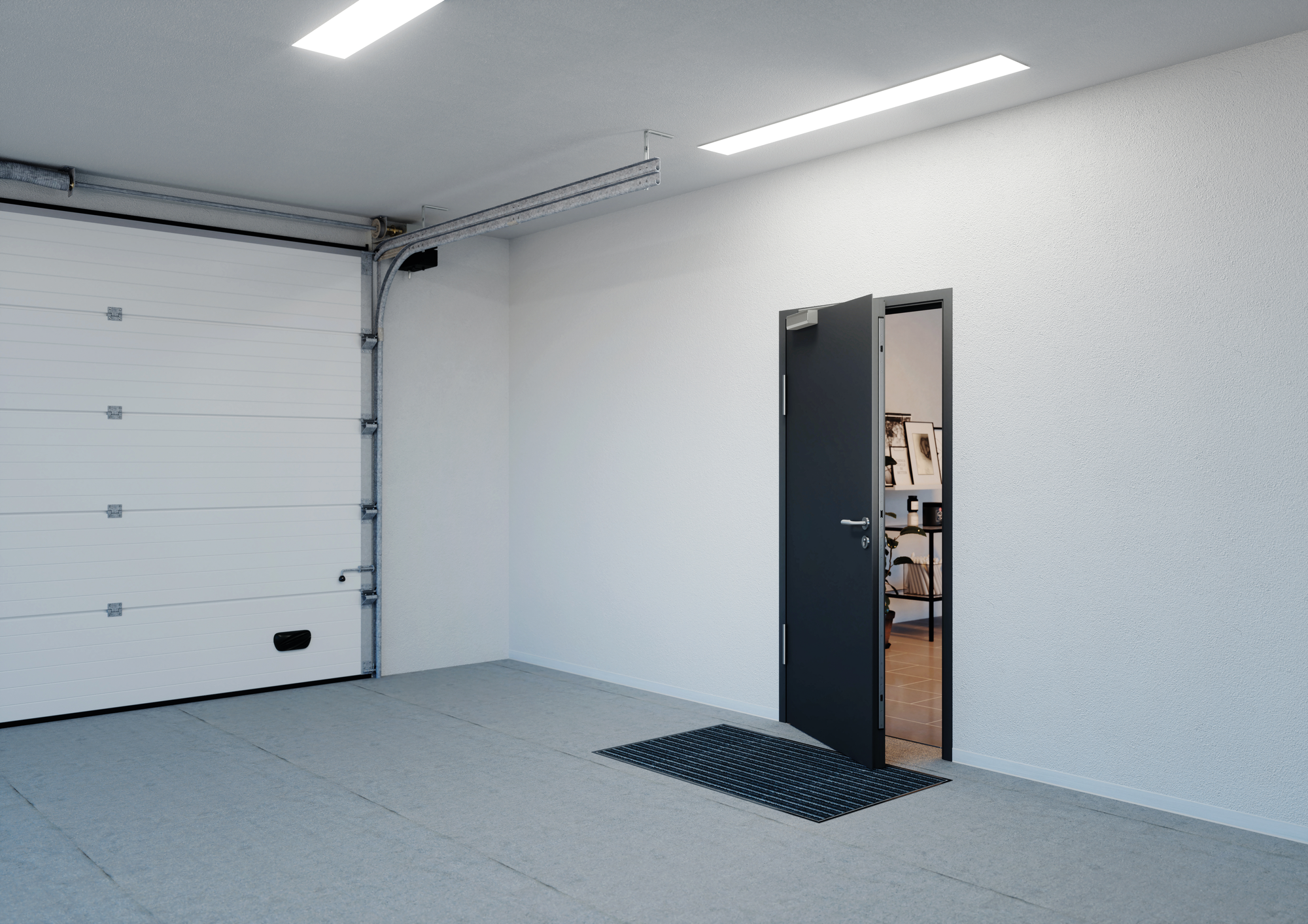 GU SECURY Automatic FH kilitleme sistemine sahip metal garaj kapısı, kapı açık