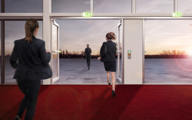 Tiyatro fuayesi, kişiler açık kapılardan kaçıyor, elektrikli kilitli Touch Bar EVT'li çift kanatlı panik kapılar