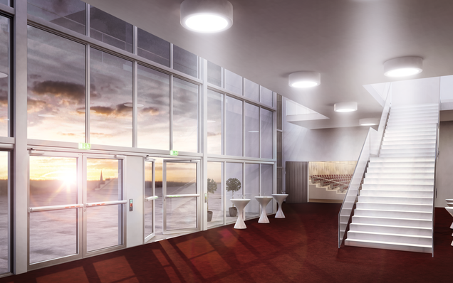 Theatre foyer, double-leaf panic doors with electrically locked Touch Bar EVT, doors closed