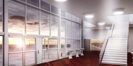 Tiyatro fuayesi, çift kanatlı panik kapılar, elektrikli kilitli Touch Bar EVT ile, kapılar kapalı